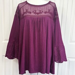 Sonoma Purple Boho Embroidered Sheer Mesh Yoke Bell Sleeve Blouse Top 3X